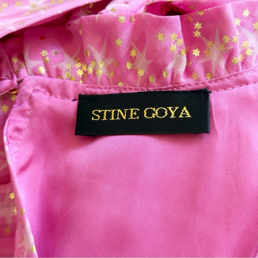 STINE GOYA PINK GOLD STAR PRINT SHIRLEY BACK SLIT OPENING RUFFLE PEPLUM TOP - Picture 7 of 13